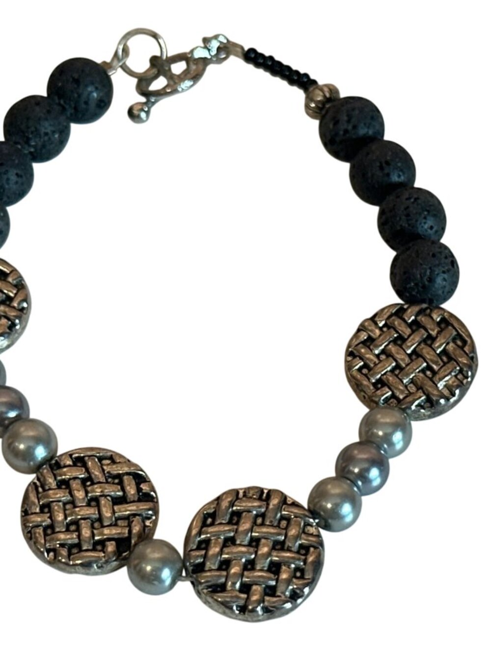 Lava Bead Metal Woven Disc Bracelet Toggle Clasp 7.5 Inches Boho Jewelry